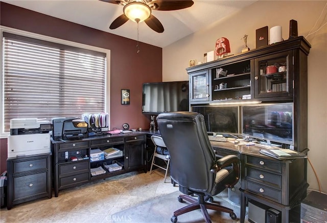 home office with light tile patterned flooring and ceiling fan