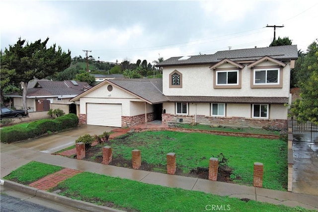 traditional-style house featuring brick siding, stucco siding, driveway, and a front yard