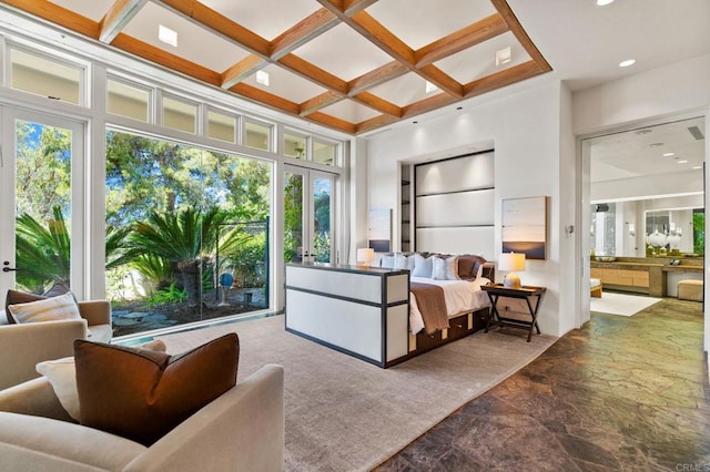 bedroom featuring recessed lighting, beamed ceiling, coffered ceiling, and ensuite bathroom