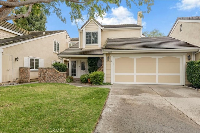 view of front of property featuring a front lawn, concrete driveway, a garage, a chimney, and a tiled roof