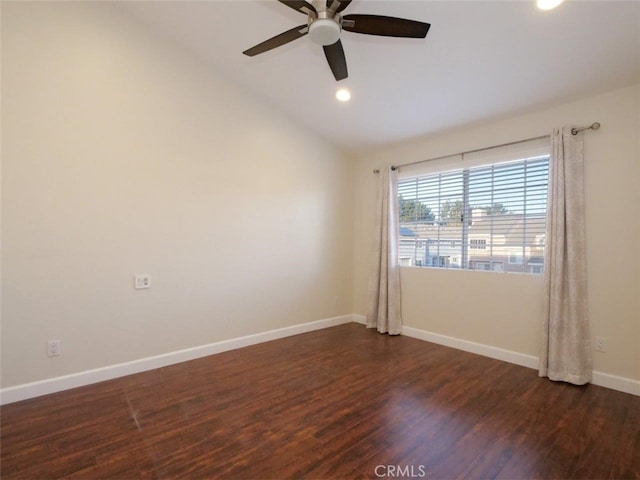 unfurnished room with recessed lighting, baseboards, ceiling fan, dark wood-style flooring, and vaulted ceiling