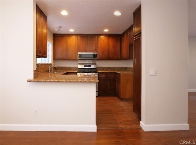 kitchen featuring light stone counters, wood finished floors, recessed lighting, a sink, and stainless steel appliances