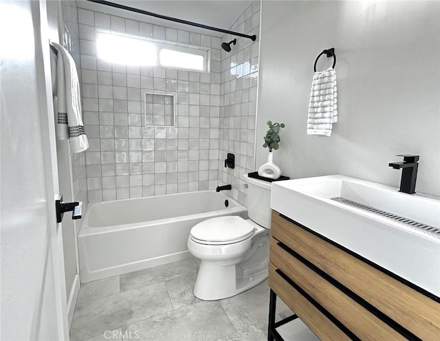 full bathroom with toilet, vanity, and bathtub / shower combination