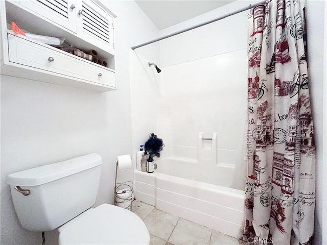 bathroom with tile patterned floors, shower / bathtub combination with curtain, and toilet