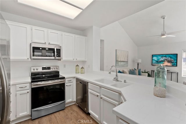 259 Chesterfield, Newport Beach, CA 92660 - kitchen with appliances with stainless steel finishes, a sink, light countertops, light wood-type flooring, and a ceiling fan