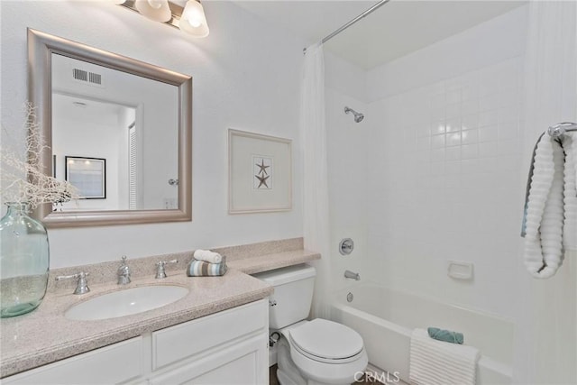 full bathroom with visible vents, toilet, vanity, and shower / bathtub combination with curtain