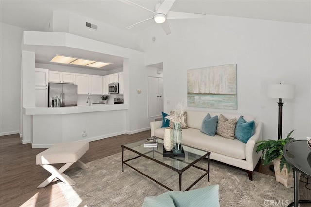 259 Chesterfield, Newport Beach, CA 92660 - living area featuring wood finished floors, a ceiling fan, baseboards, and lofted ceiling
