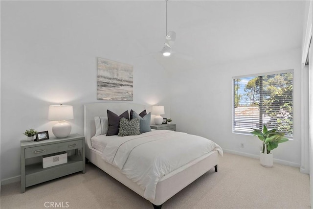 259 Chesterfield, Newport Beach, CA 92660 - bedroom featuring carpet flooring, baseboards, vaulted ceiling, and ceiling fan