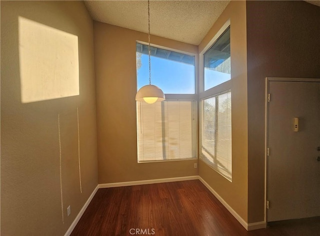 unfurnished dining area featuring wood finished floors, baseboards, and a textured ceiling