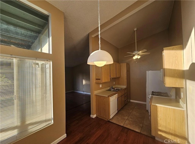 kitchen with baseboards, light countertops, white dishwasher, dark wood-style floors, and a sink