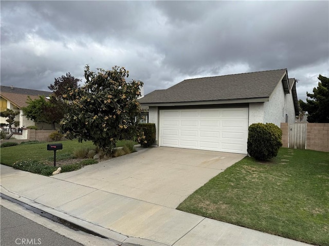 view of front facade with stucco siding, a garage, roof with shingles, and a front lawn