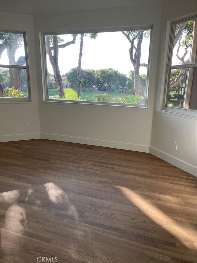empty room with baseboards, plenty of natural light, and dark wood finished floors