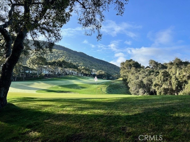 view of property's community featuring a mountain view, a lawn, and view of golf course