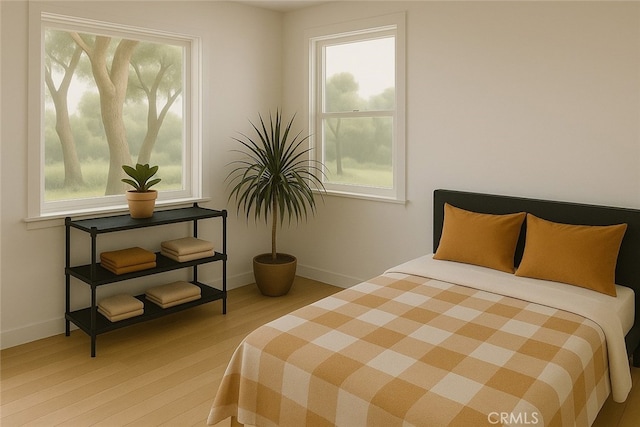bedroom featuring baseboards, multiple windows, and wood finished floors