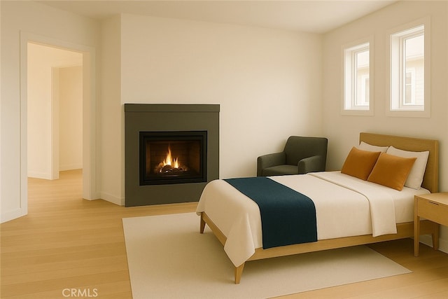 bedroom with baseboards, light wood finished floors, and a warm lit fireplace