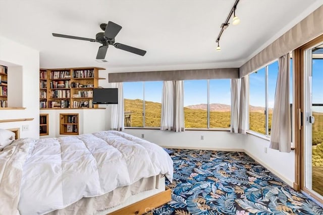 carpeted bedroom with rail lighting and baseboards