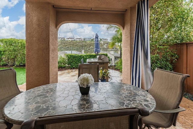 view of patio featuring a fenced backyard and outdoor dining space