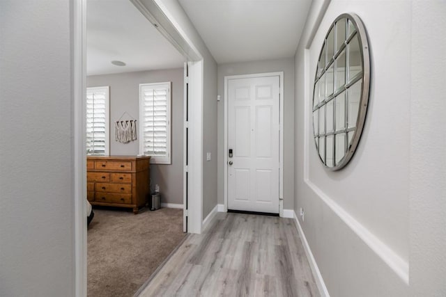 carpeted foyer featuring baseboards and wood finished floors