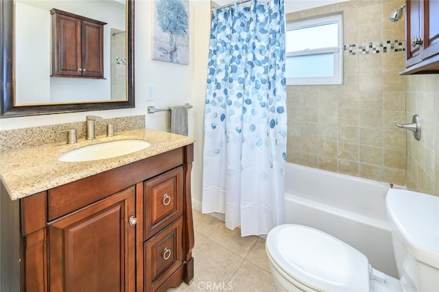 bathroom with tile patterned floors, toilet, shower / bath combo, and vanity