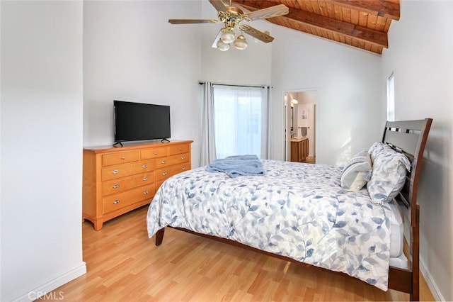 bedroom with baseboards, light wood-type flooring, beam ceiling, wooden ceiling, and high vaulted ceiling