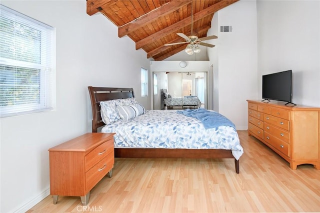 bedroom featuring beamed ceiling, multiple windows, wood ceiling, and light wood-type flooring