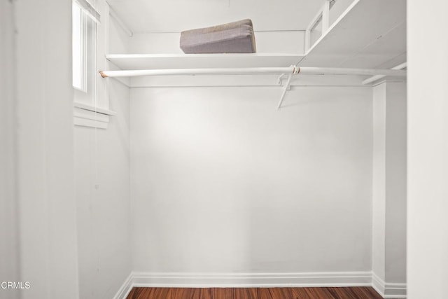 walk in closet with wood finished floors