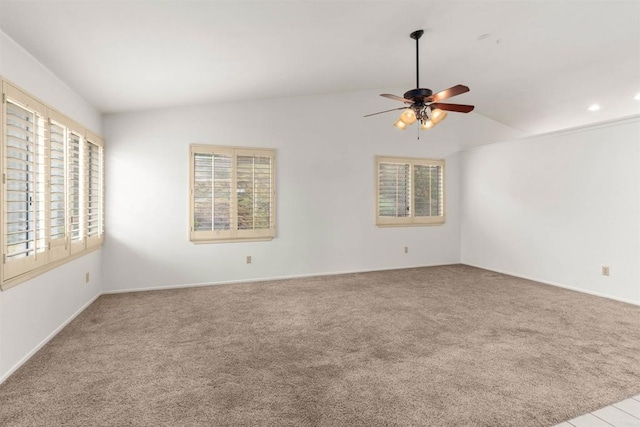 spare room with recessed lighting, a ceiling fan, lofted ceiling, and carpet floors