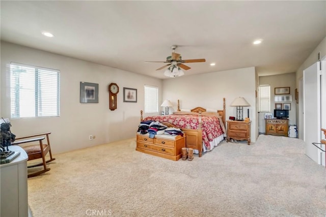 bedroom featuring recessed lighting, ceiling fan, and carpet floors