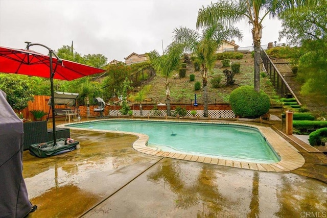 view of pool featuring a patio, a fenced backyard, and a fenced in pool