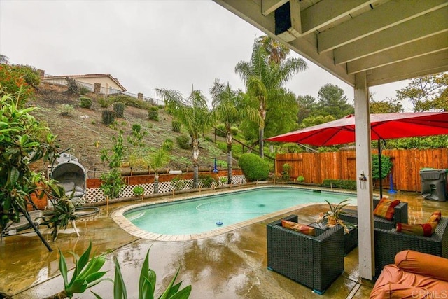 view of pool featuring a patio area, a fenced in pool, and a fenced backyard