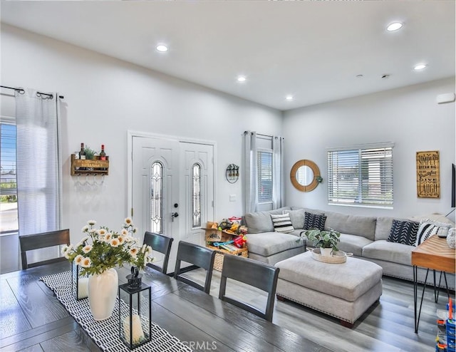 living area featuring recessed lighting and wood finished floors