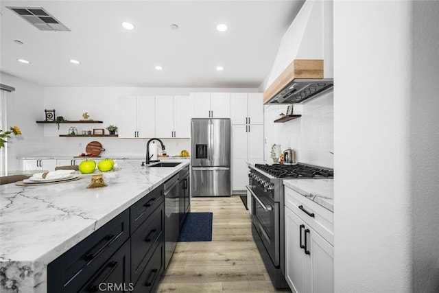 3242 Harmona Pl, Los Alamitos, CA 90720 - kitchen with white cabinets, open shelves, appliances with stainless steel finishes, custom range hood, and visible vents