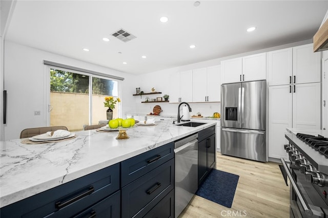 3242 Harmona Pl, Los Alamitos, CA 90720 - kitchen featuring visible vents, a sink, light wood-style floors, stainless steel appliances, and white cabinetry