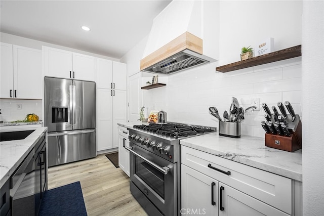 3242 Harmona Pl, Los Alamitos, CA 90720 - kitchen with open shelves, white cabinetry, custom range hood, backsplash, and stainless steel appliances