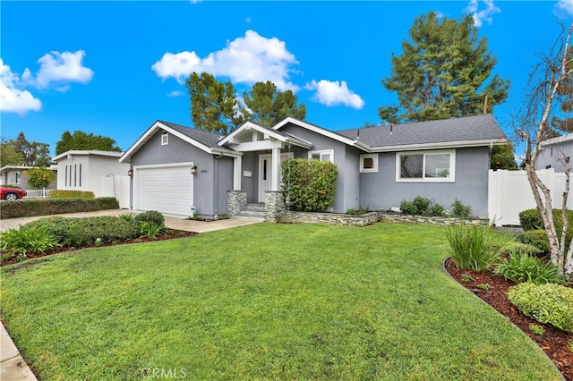 ranch-style home featuring concrete driveway, fence, a garage, and stucco siding