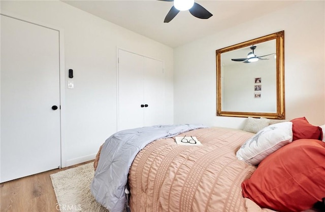 bedroom with a closet, wood finished floors, and a ceiling fan