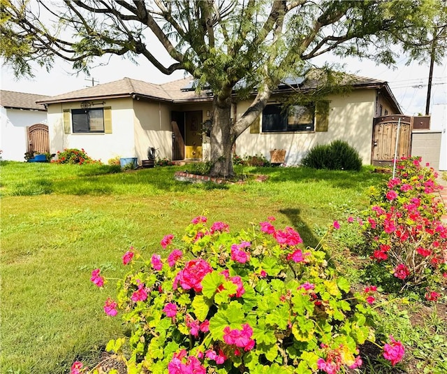 view of front of home with stucco siding, a front lawn, and a gate