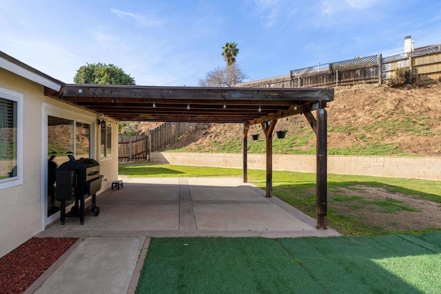 view of patio featuring a fenced backyard and grilling area