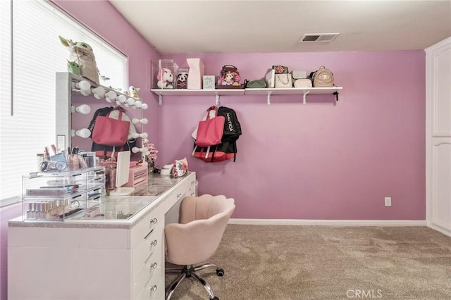 office with carpet, visible vents, and baseboards