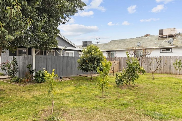 view of yard featuring central AC unit and a fenced backyard