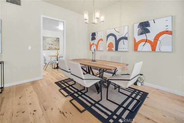 dining area featuring an inviting chandelier, wood finished floors, visible vents, and baseboards