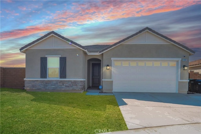 30981 Alister Ln, Winchester, CA 92596 - ranch-style house featuring stucco siding, stone siding, driveway, and a yard