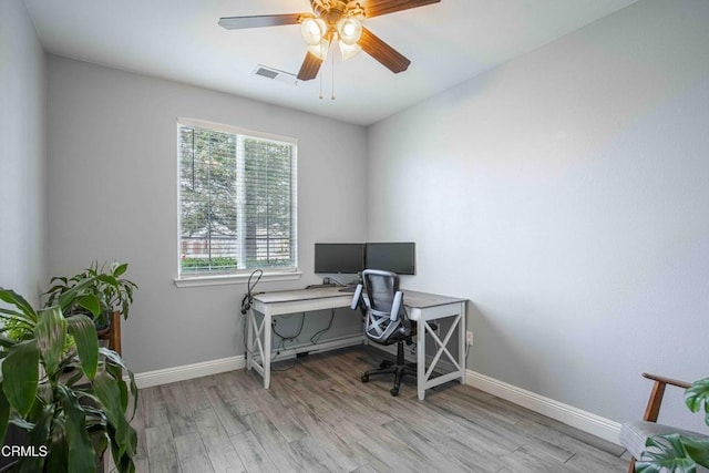 home office with visible vents, baseboards, wood finished floors, and a ceiling fan