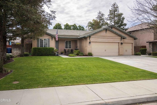 ranch-style house featuring stucco siding, driveway, a front yard, and an attached garage