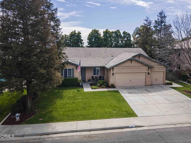 single story home featuring a front yard, stucco siding, concrete driveway, a garage, and a tile roof