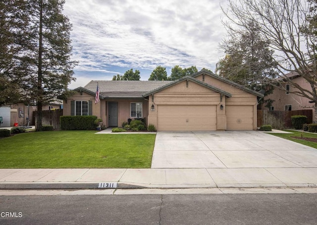 ranch-style home with a front lawn, an attached garage, fence, and stucco siding