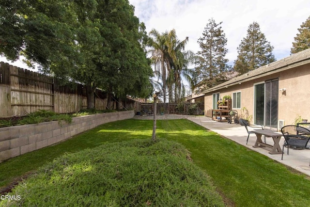 view of yard featuring a fenced backyard and a patio area