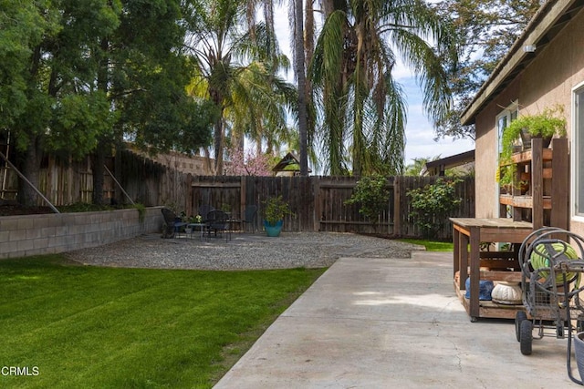 view of yard featuring a patio area and a fenced backyard