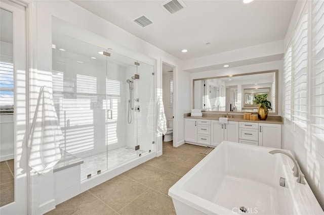 full bath featuring visible vents, toilet, a stall shower, and vanity