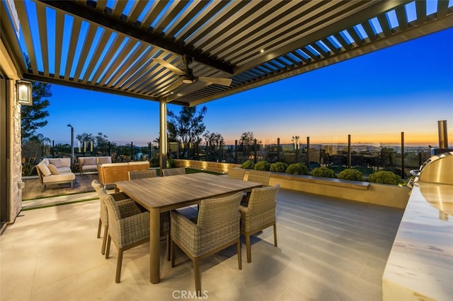 view of patio featuring outdoor dining area, a ceiling fan, a pergola, and an outdoor hangout area